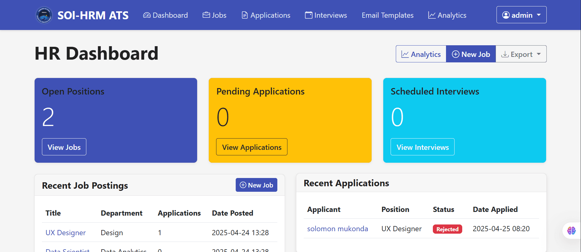ATS dashboard showing active job postings