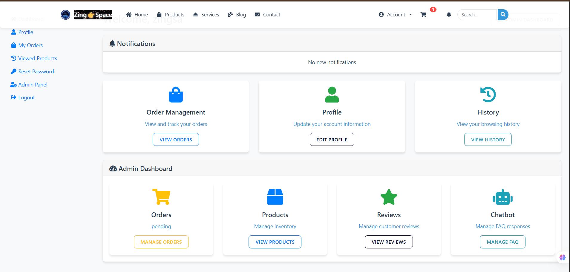 Admin dashboard with sales analytics