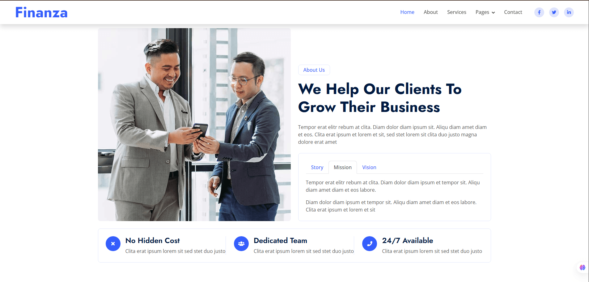Services page with interactive elements